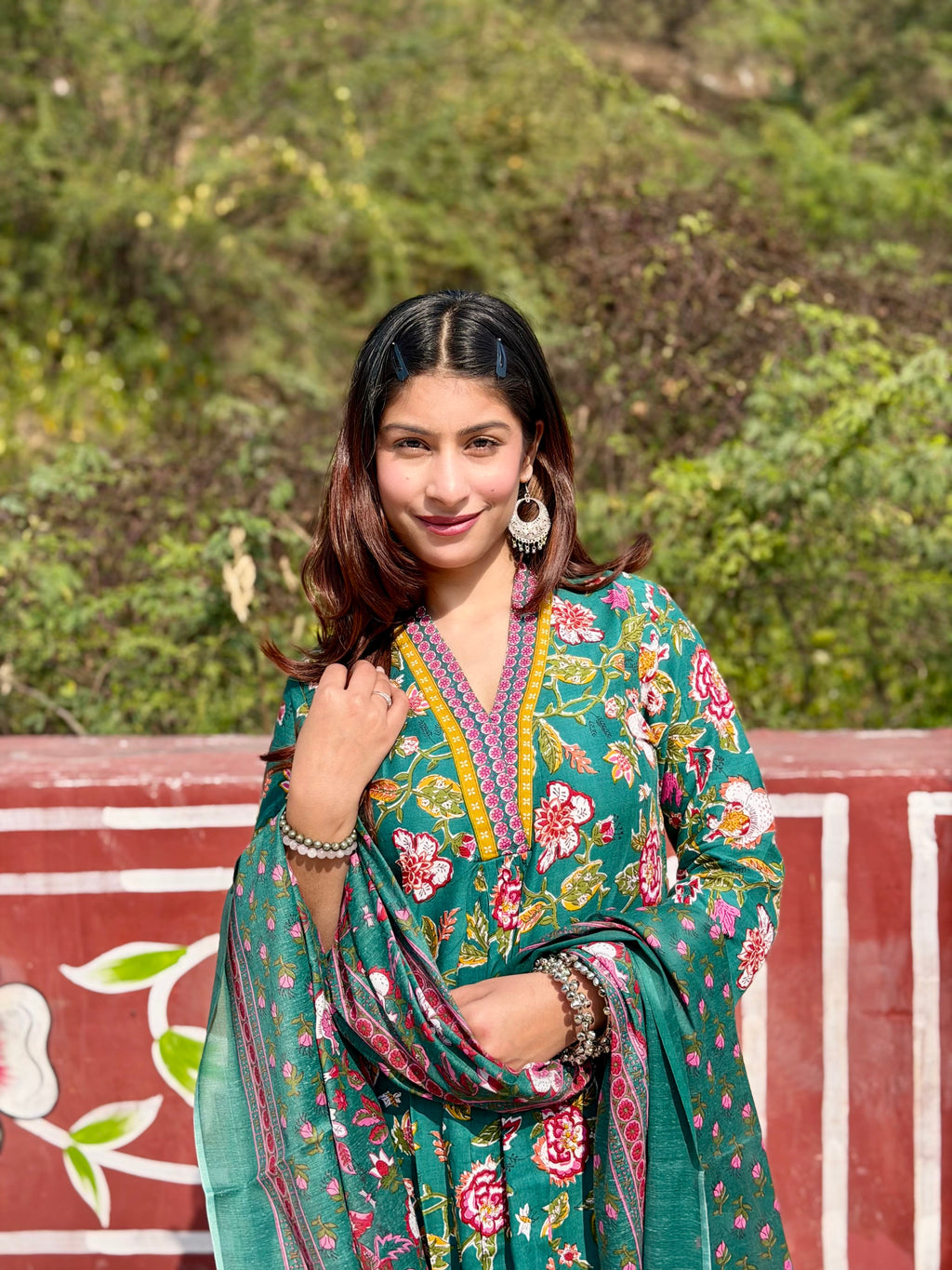 Green Floral Cotton 3-Piece Suit