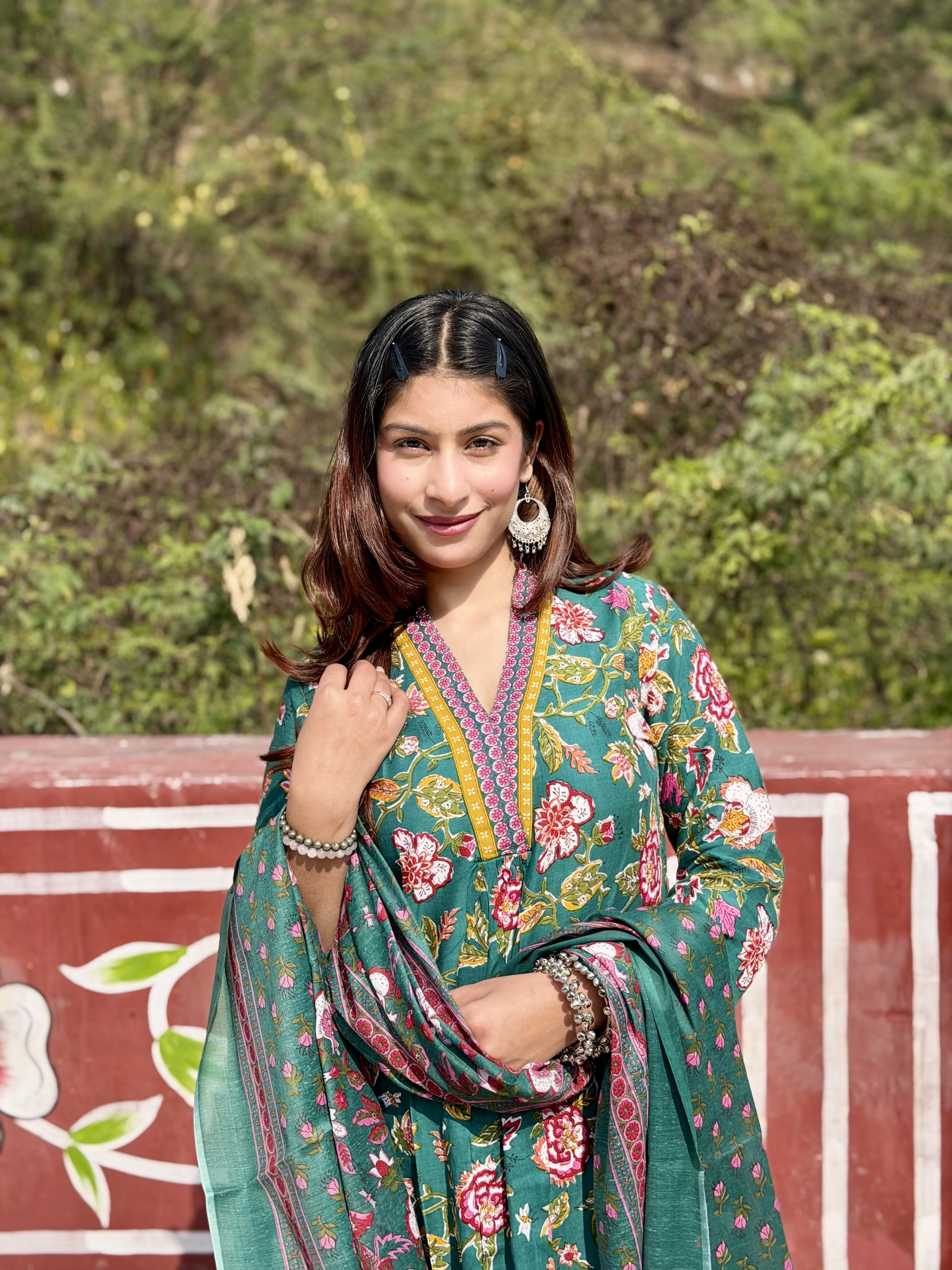 Green Floral Cotton 3-Piece Suit