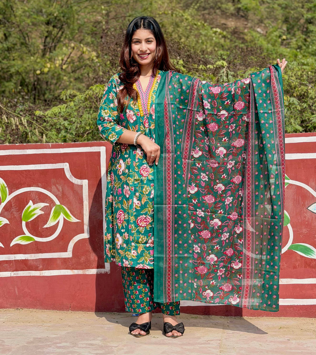 Green Floral Cotton 3-Piece Suit