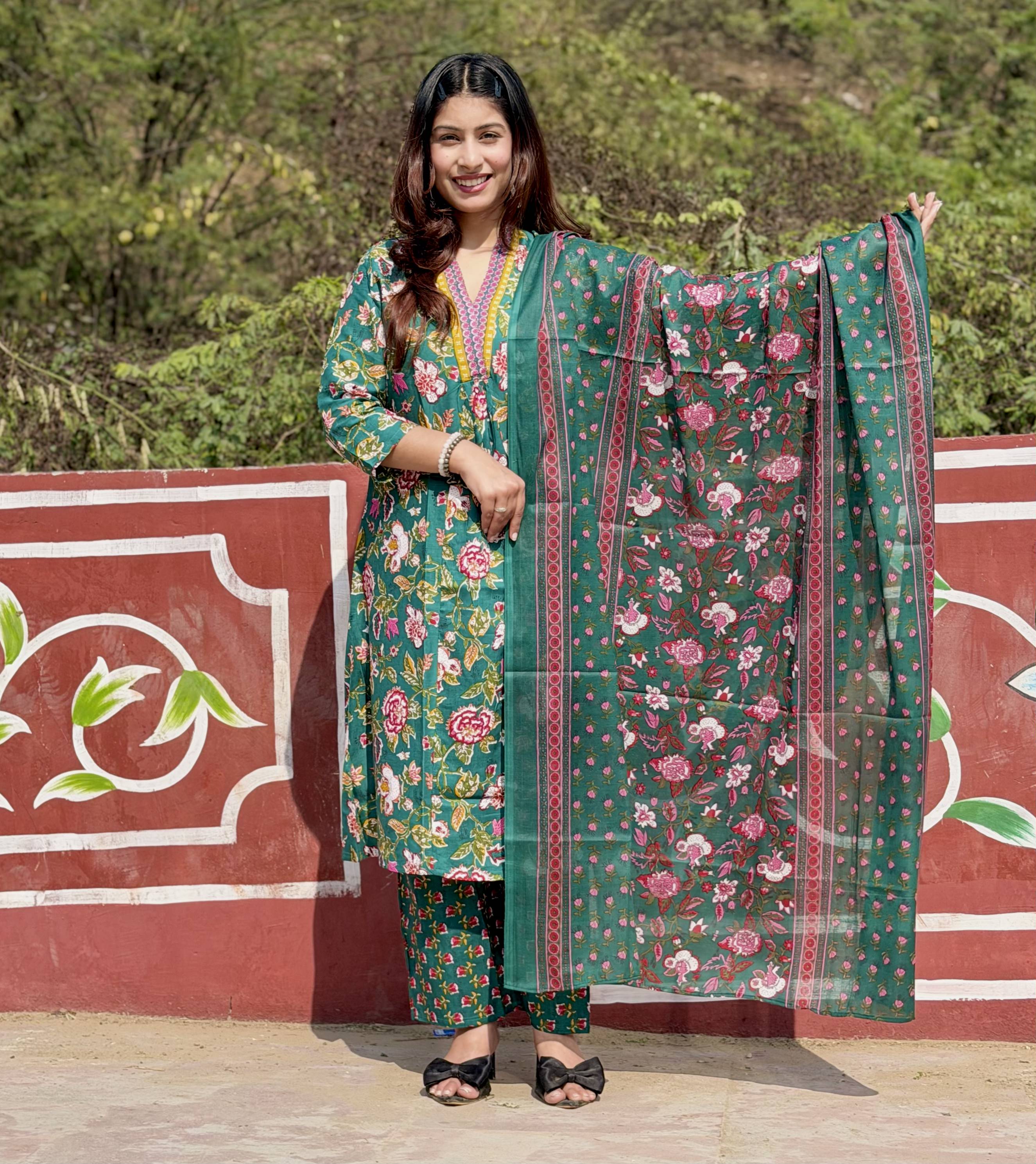 Green Floral Cotton 3-Piece Suit