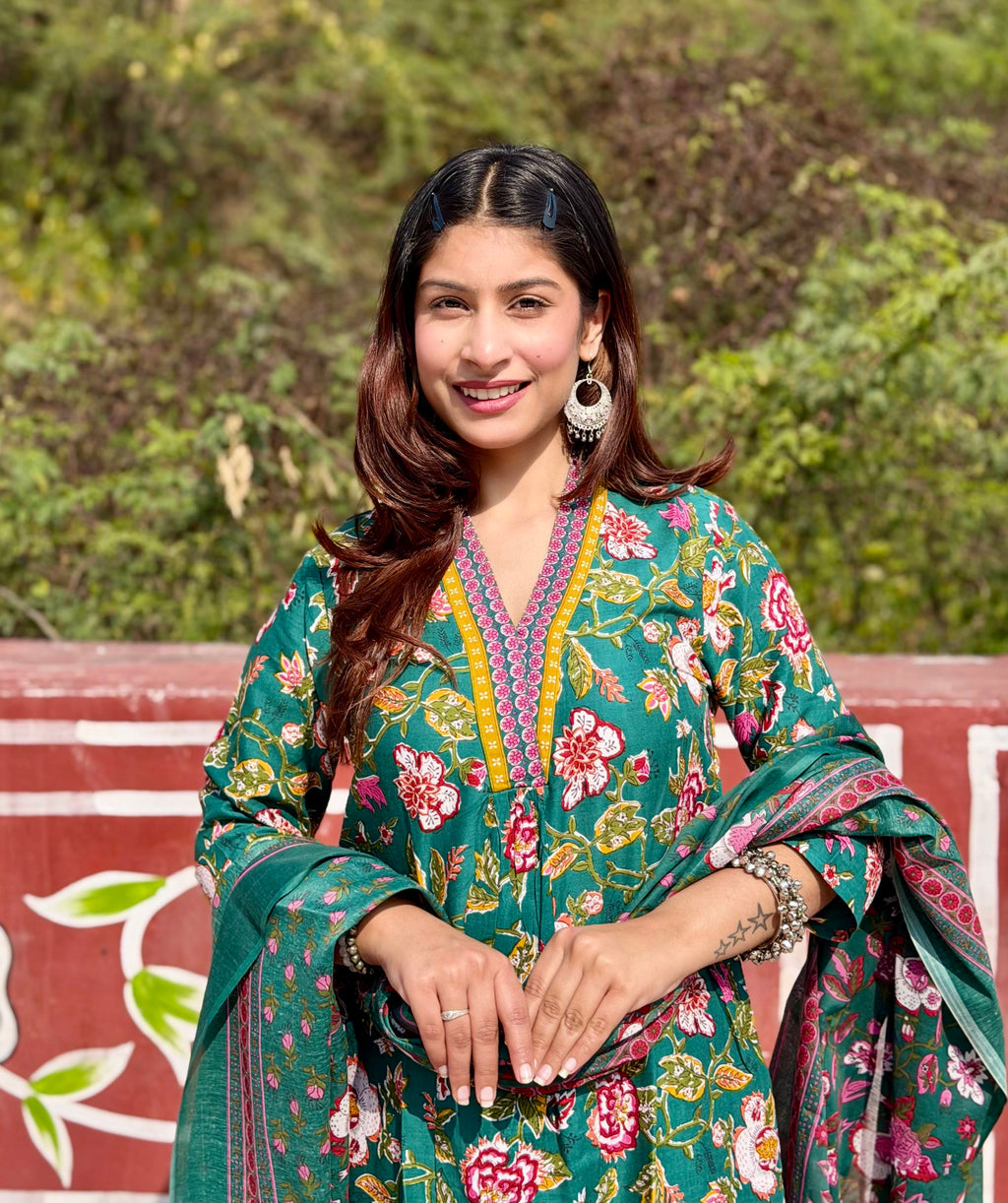 Green Floral Cotton 3-Piece Suit