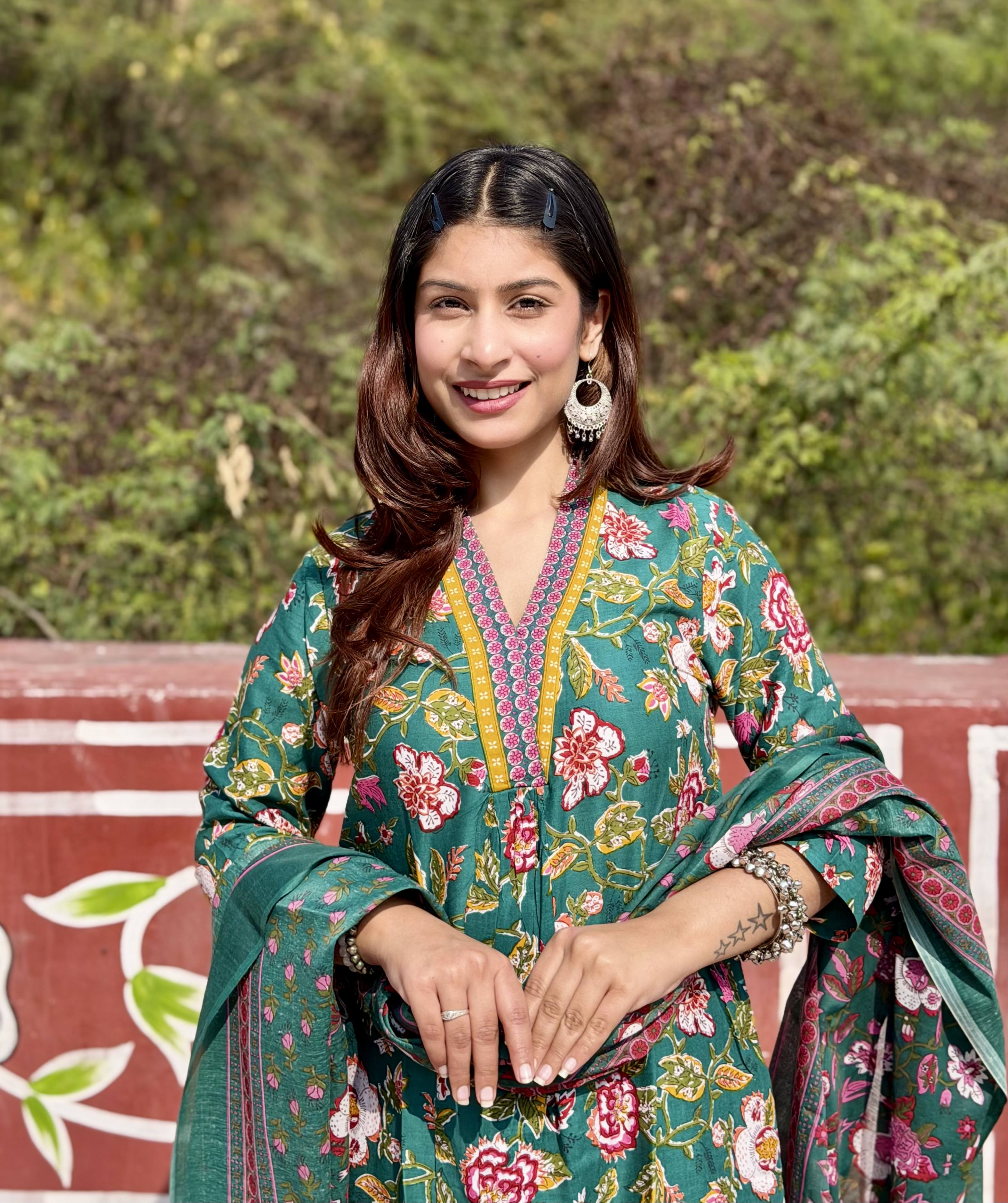 Green Floral Cotton 3-Piece Suit