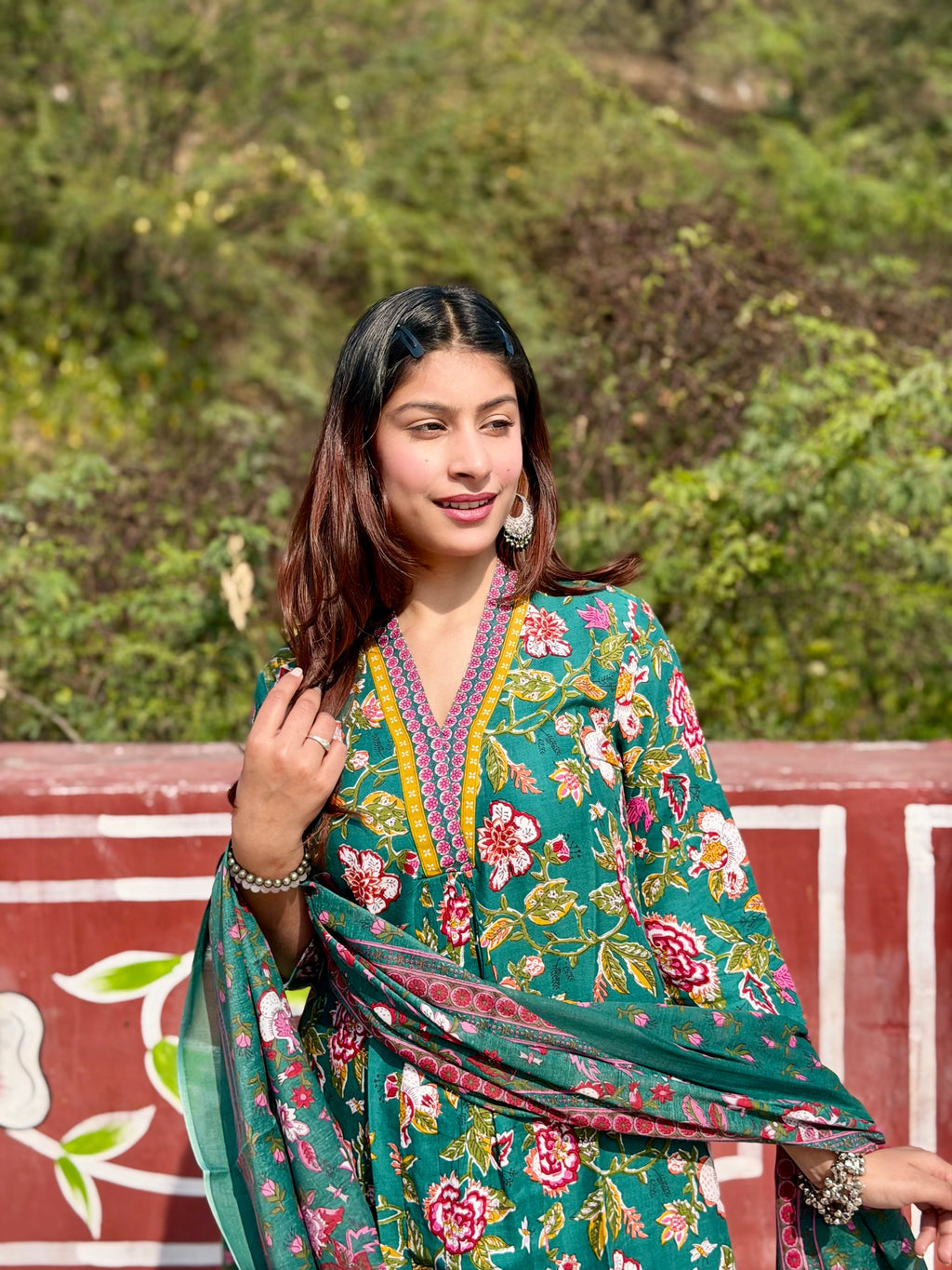 Green Floral Cotton 3-Piece Suit