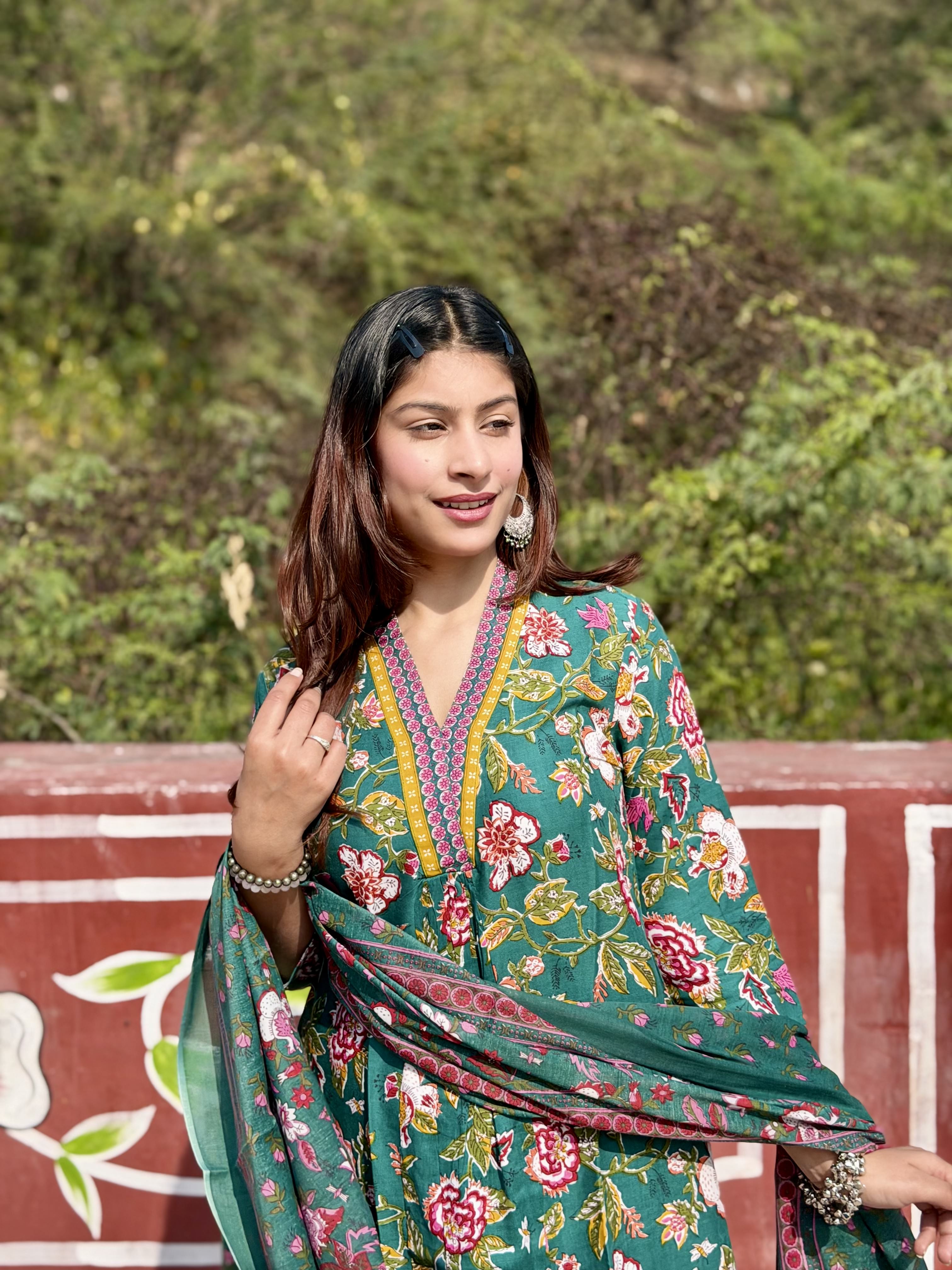 Green Floral Cotton 3-Piece Suit