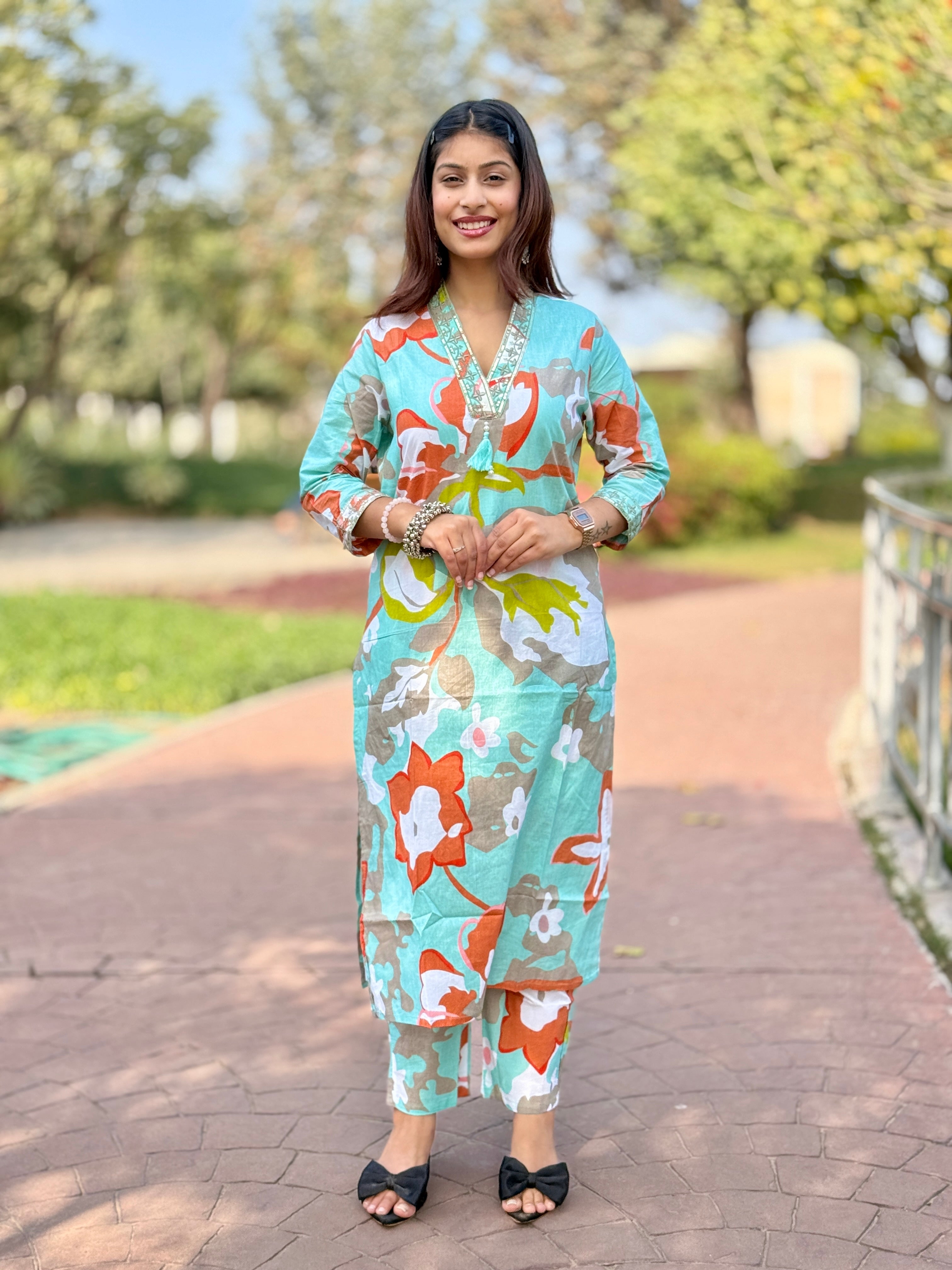 Sky Blue Cotton Kurti Pant Set
