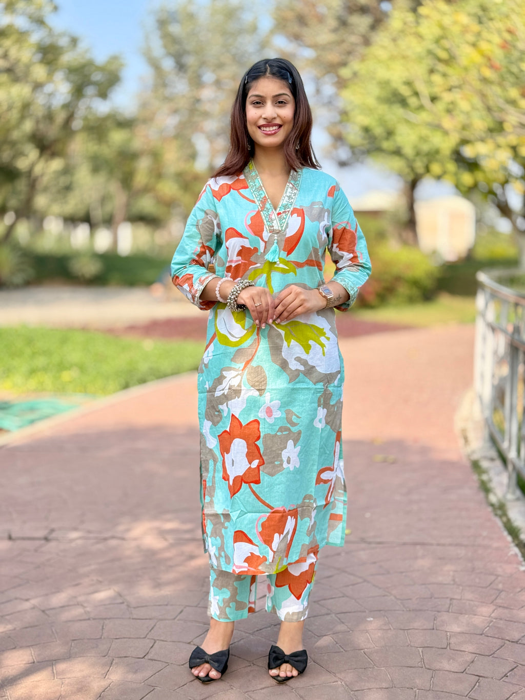 Sky Blue Cotton Kurti Pant Set