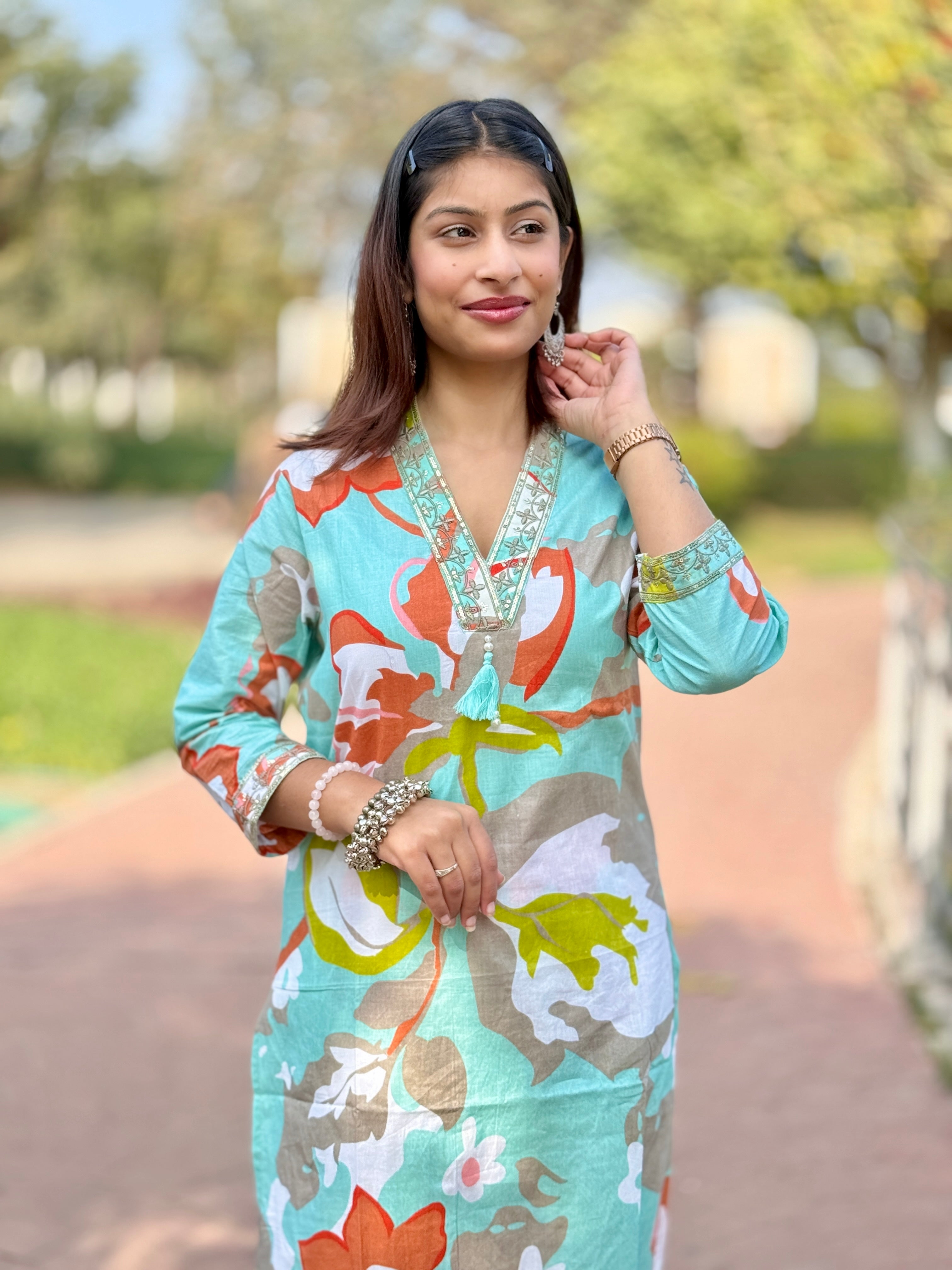 Sky Blue Cotton Kurti Pant Set