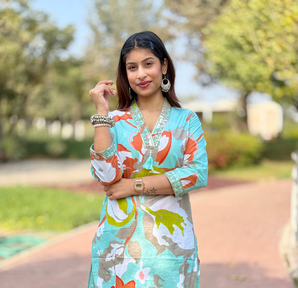 Sky Blue Cotton Kurti Pant Set