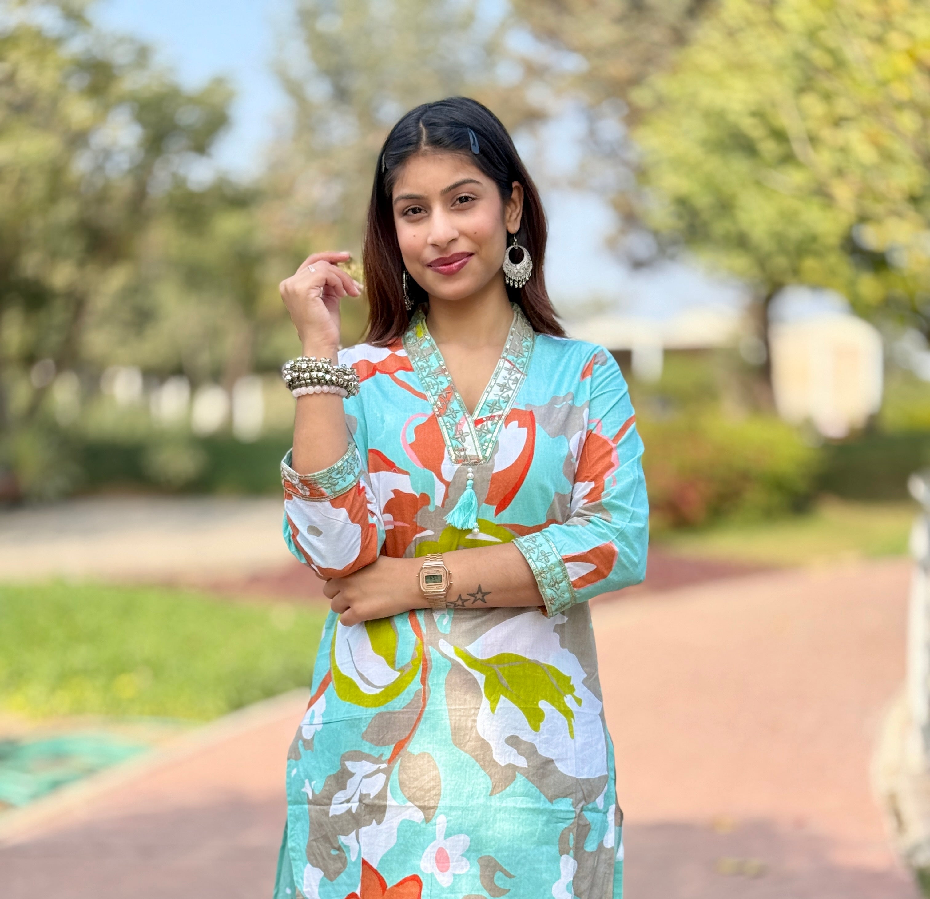 Sky Blue Cotton Kurti Pant Set