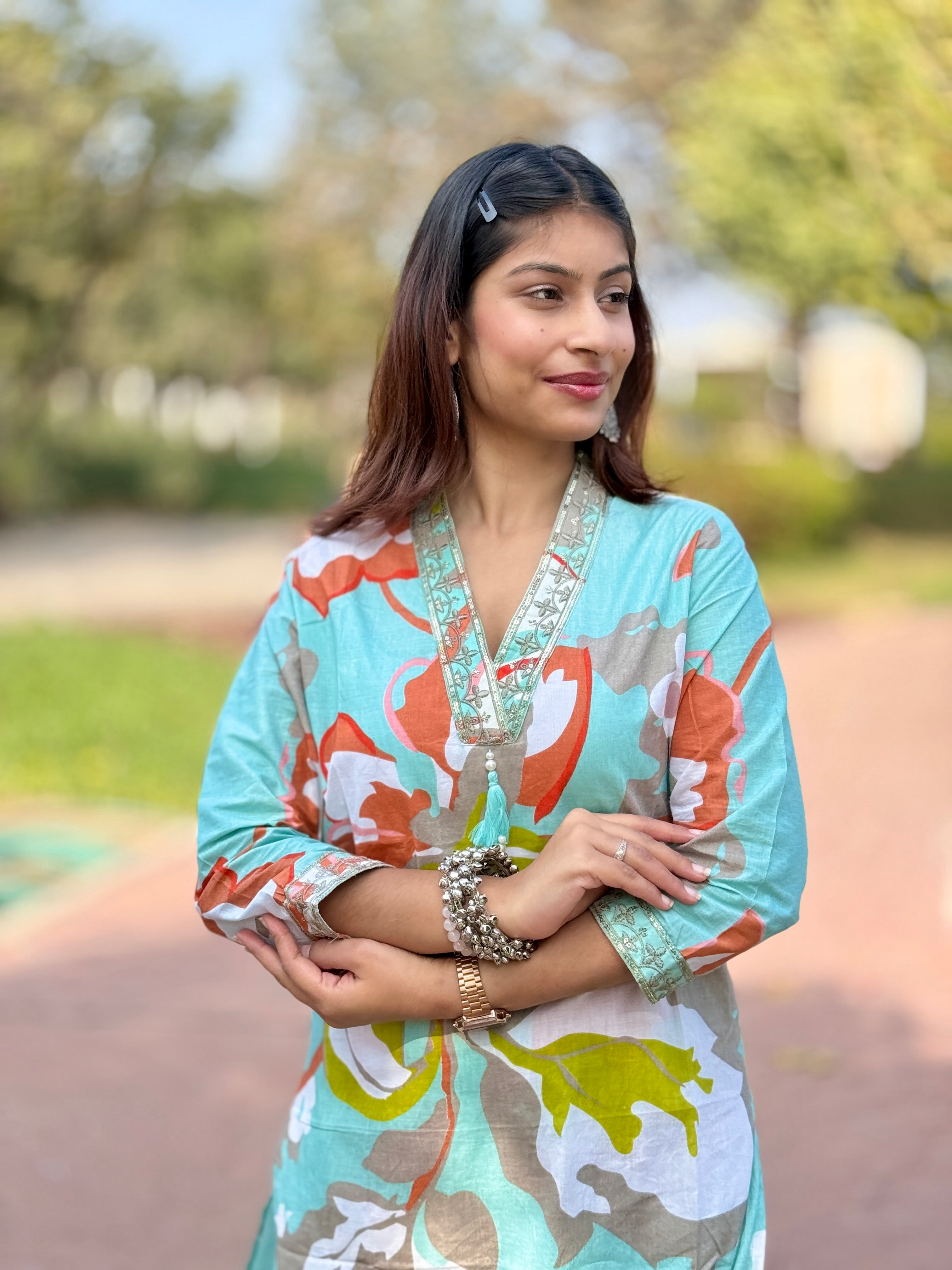 Sky Blue Cotton Kurti Pant Set