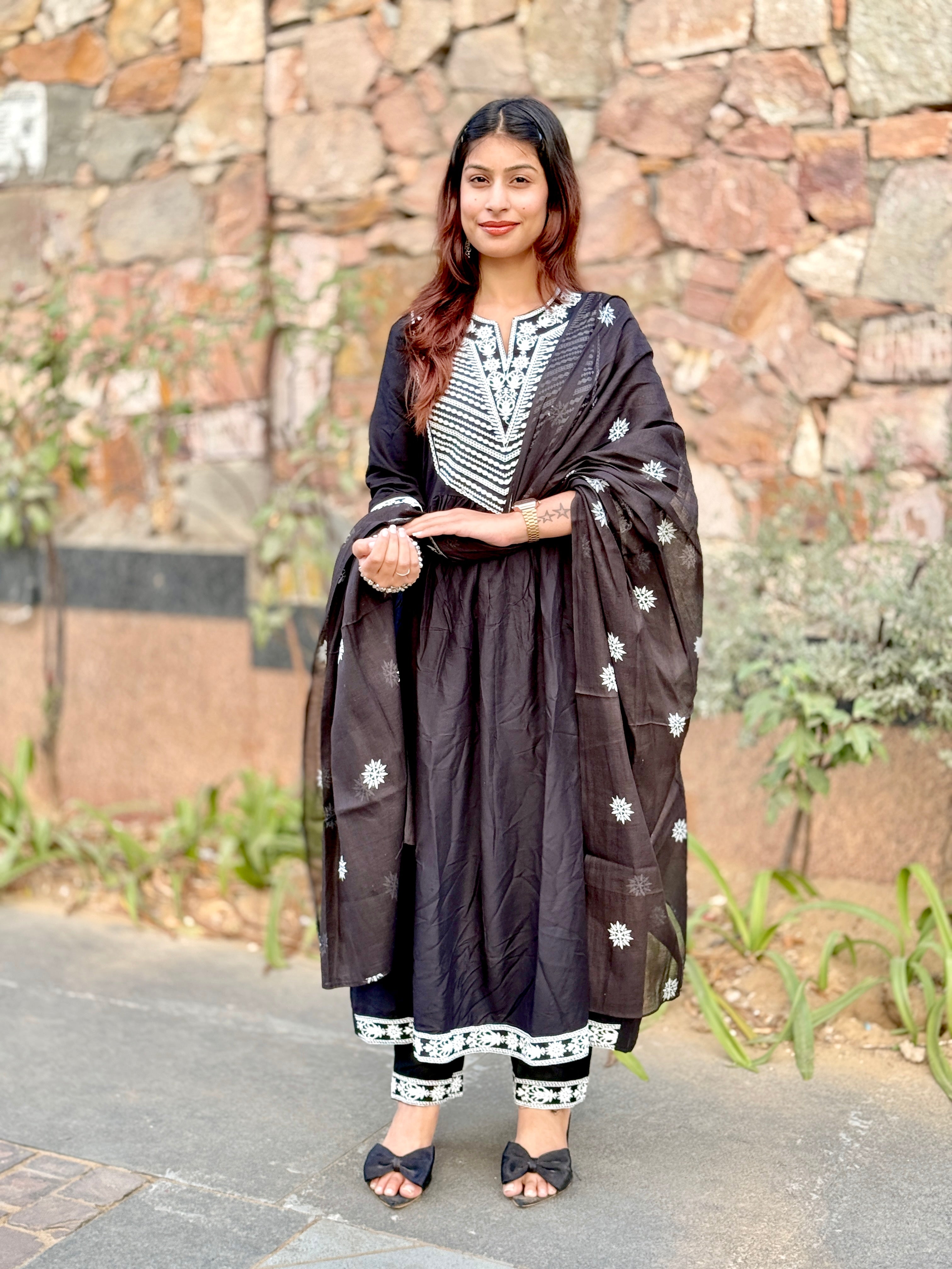 Black V-Neck Cotton 3-Piece Suit