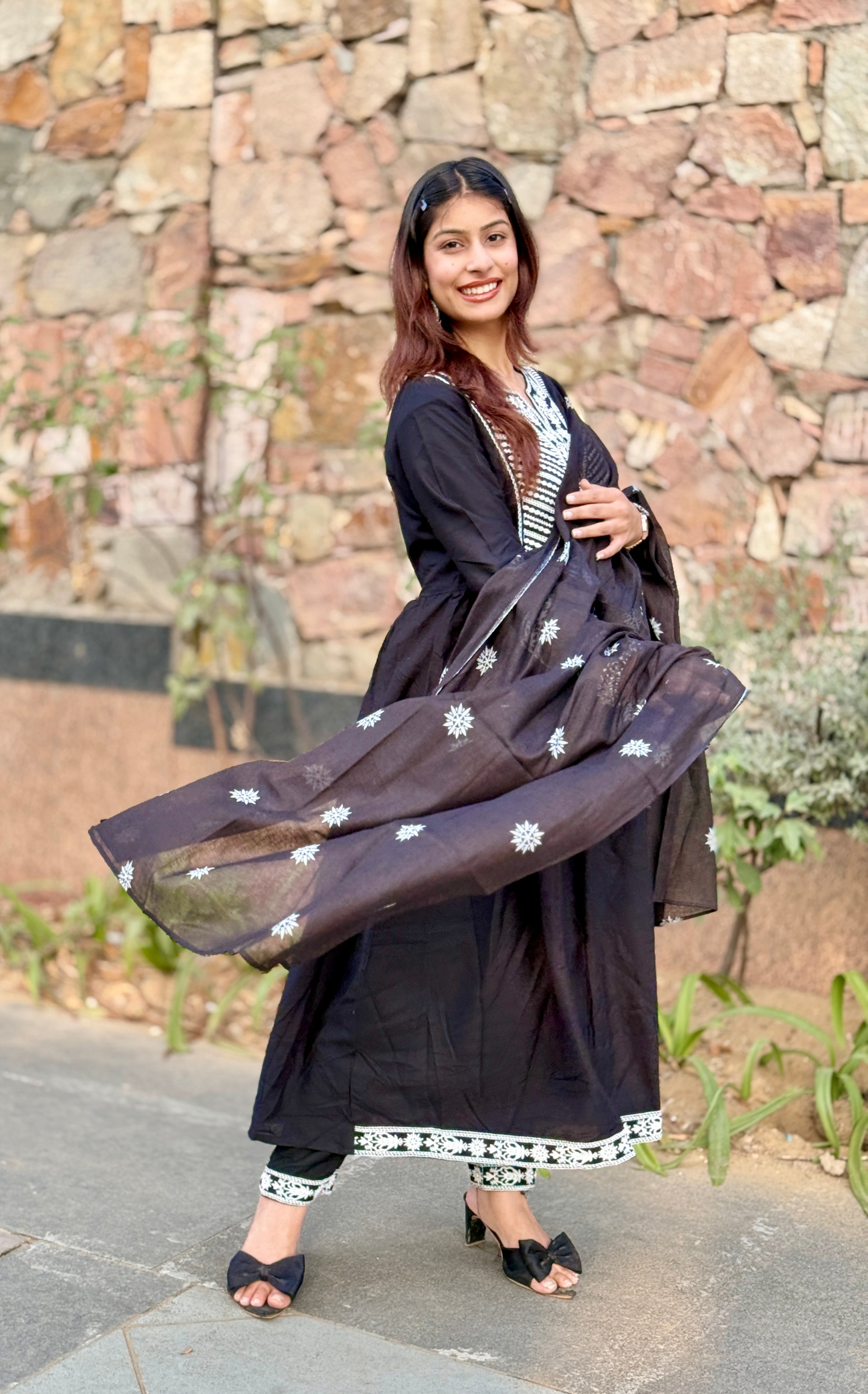 Black V-Neck Cotton 3-Piece Suit