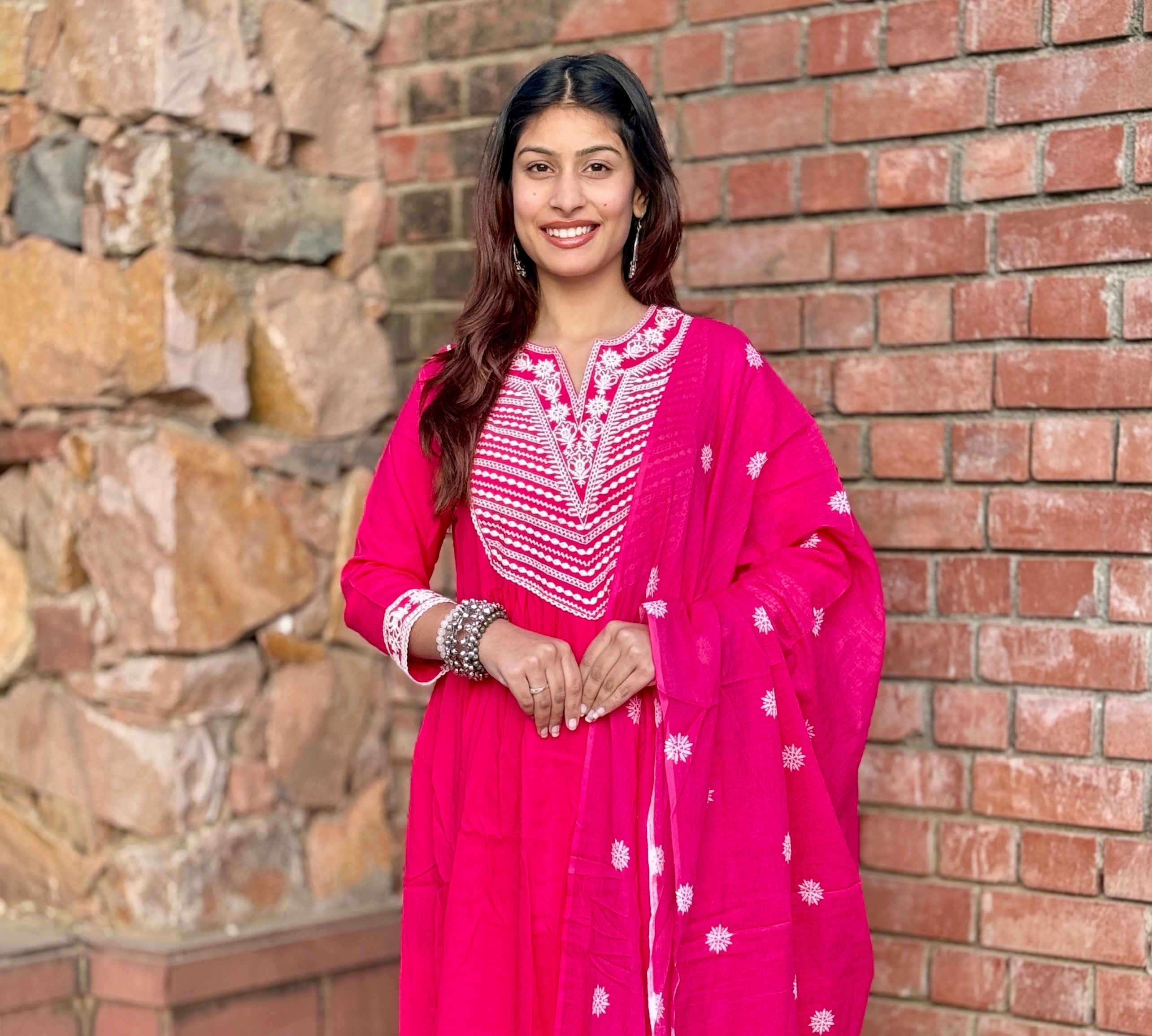 Rani Pink V-Neck Cotton 3-Piece Suit