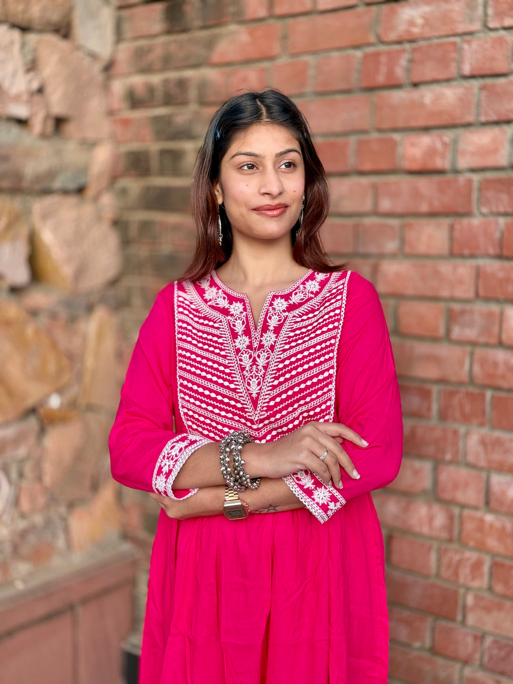 Rani Pink V-Neck Cotton 3-Piece Suit