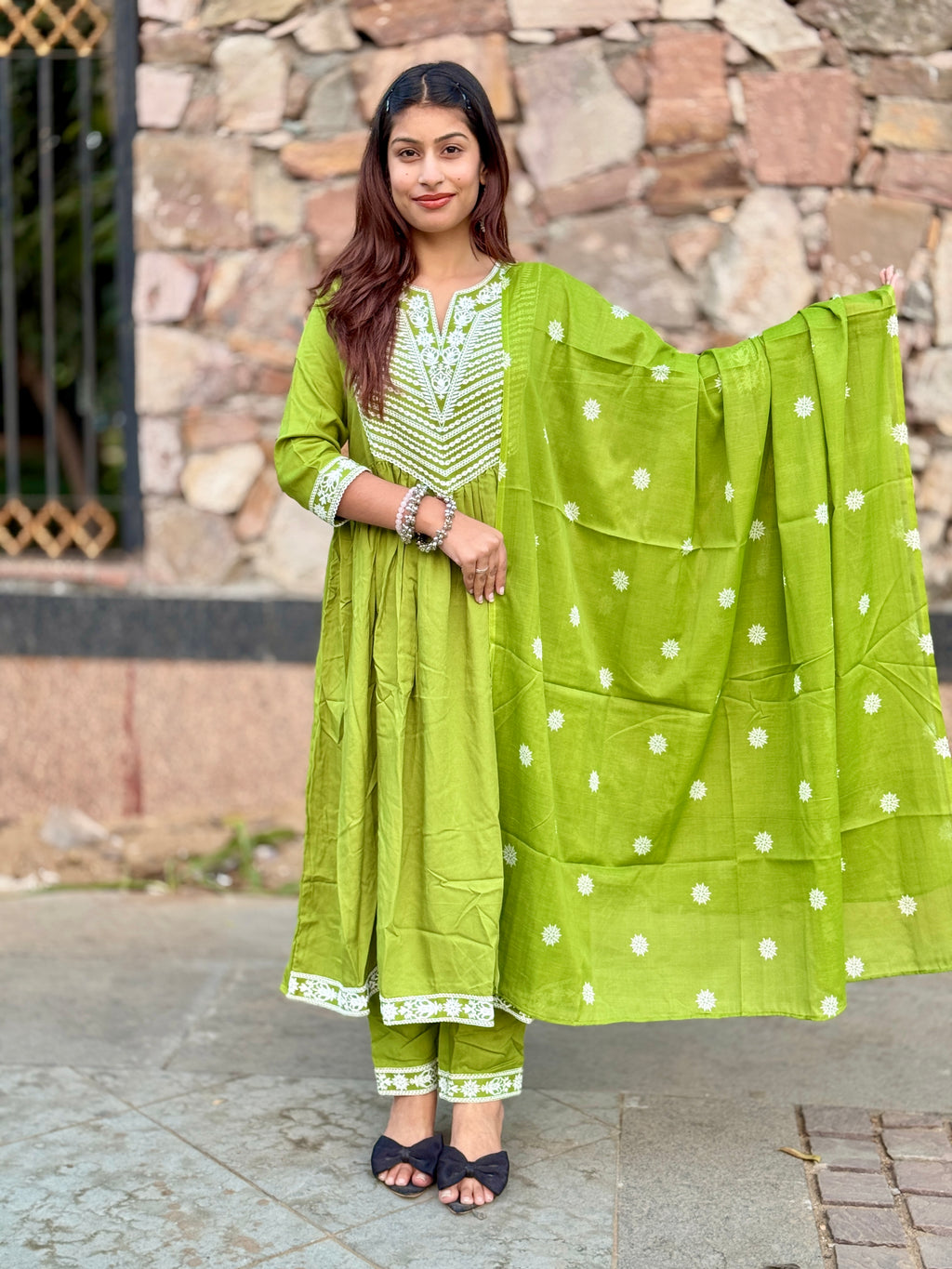Green V-Neck Cotton 3-Piece Suit