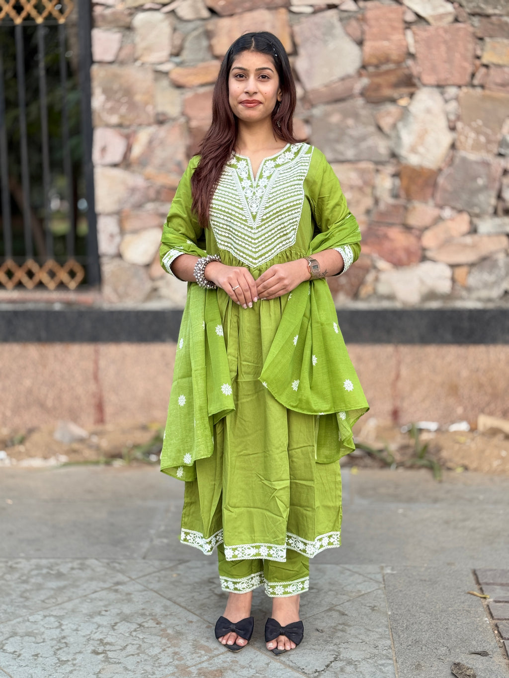 Green V-Neck Cotton 3-Piece Suit