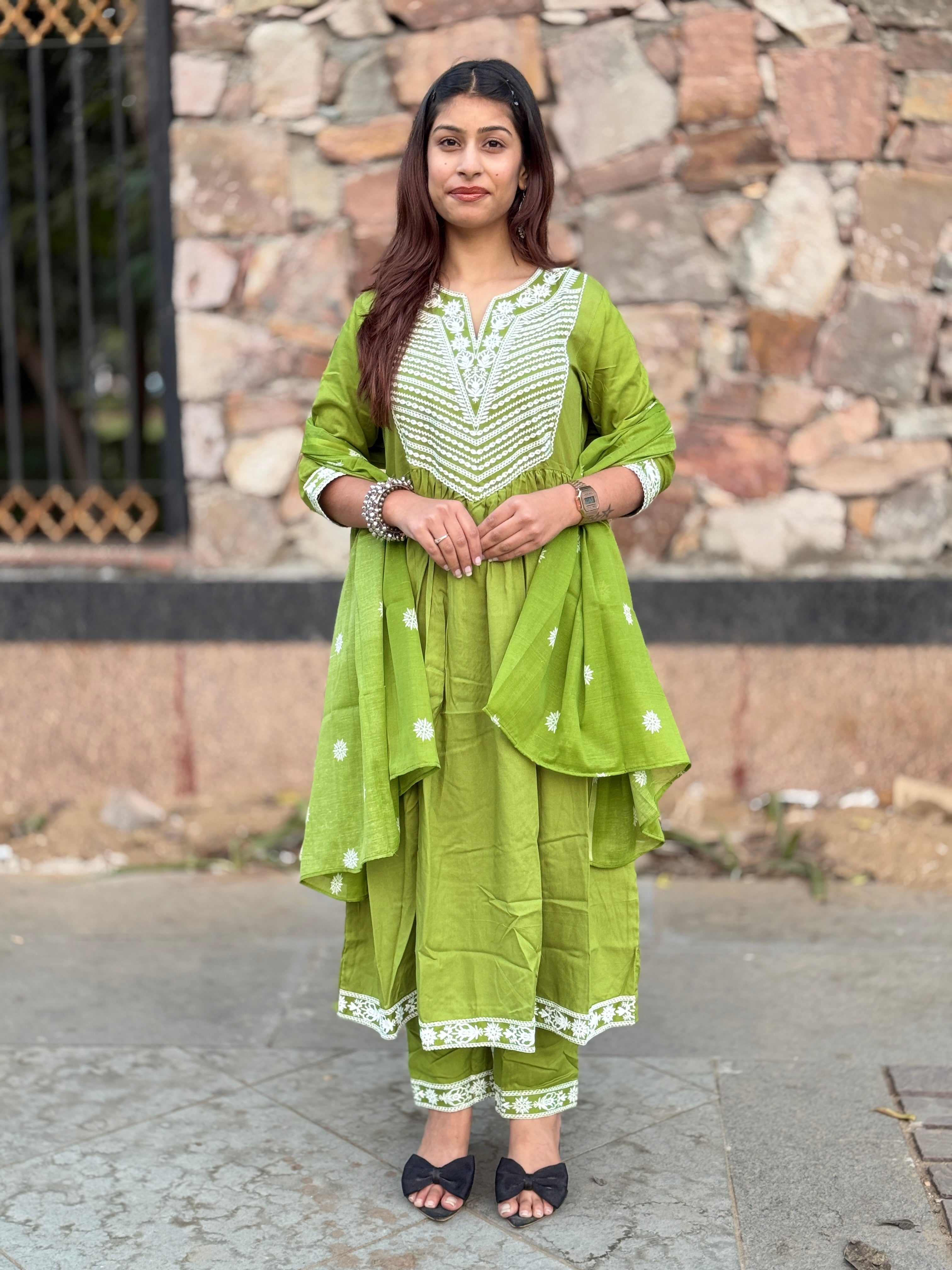 Green V-Neck Cotton 3-Piece Suit