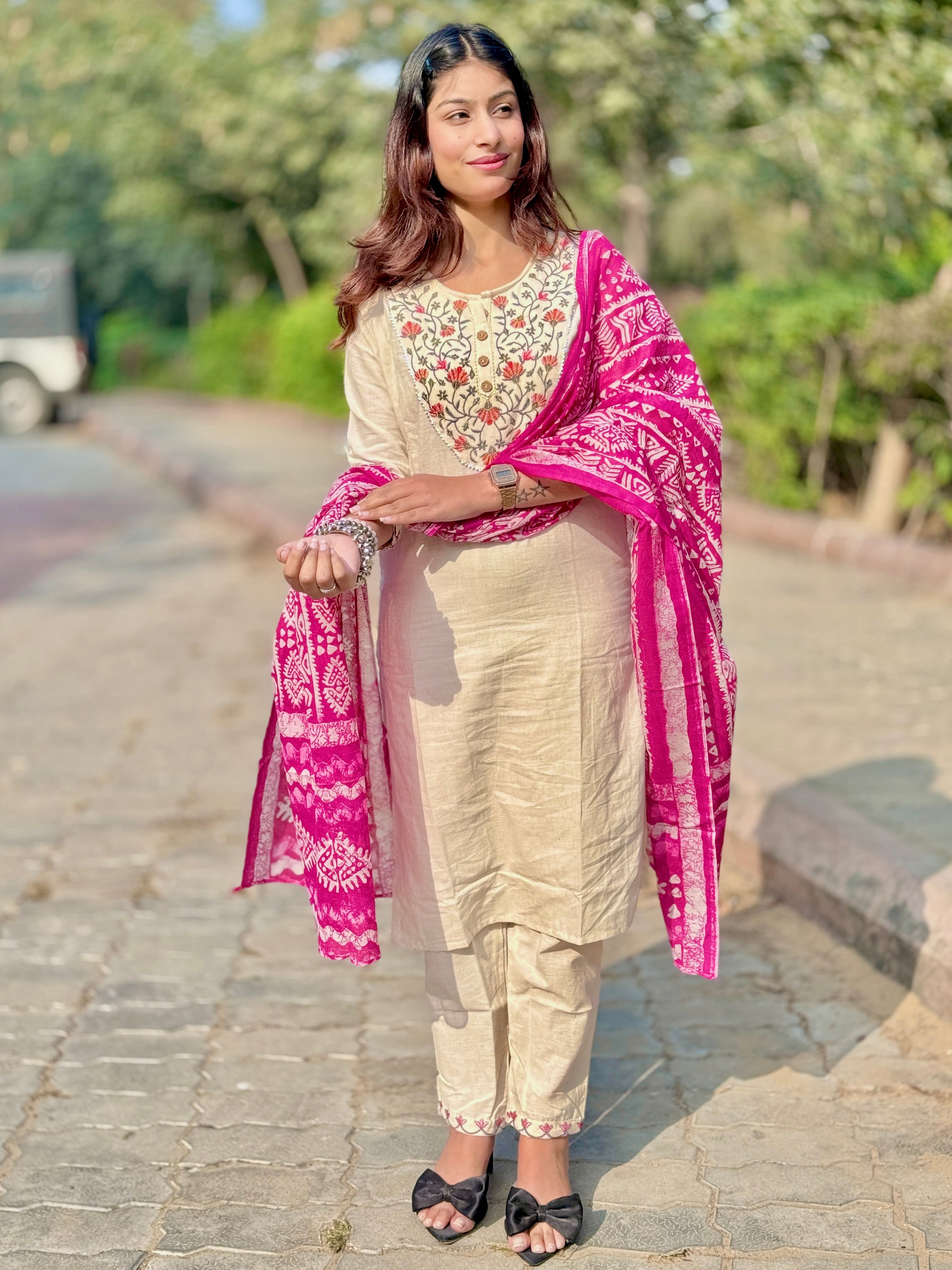 Off White Khadi Cotton 3-Piece Suit