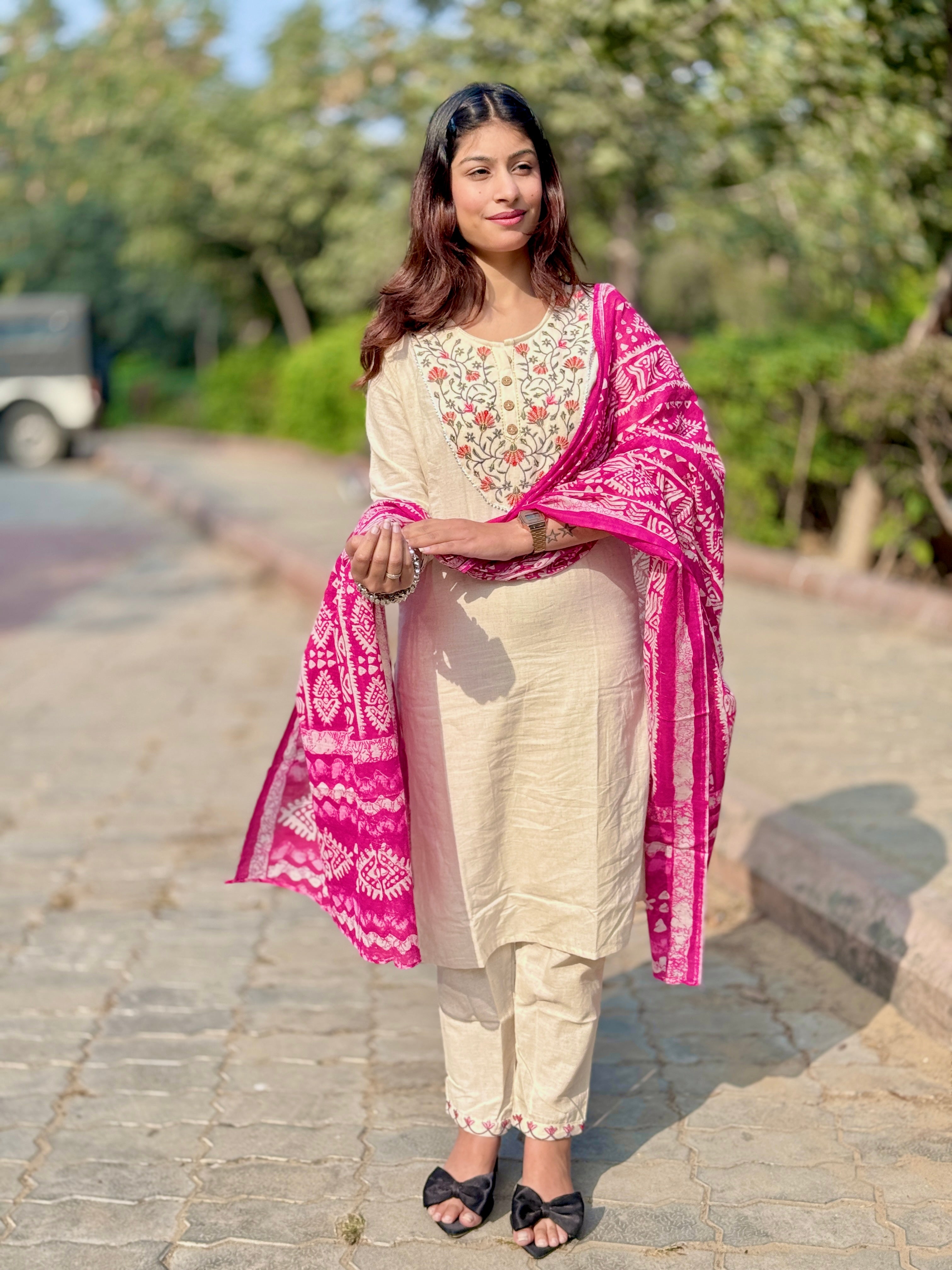 Off White Khadi Cotton 3-Piece Suit