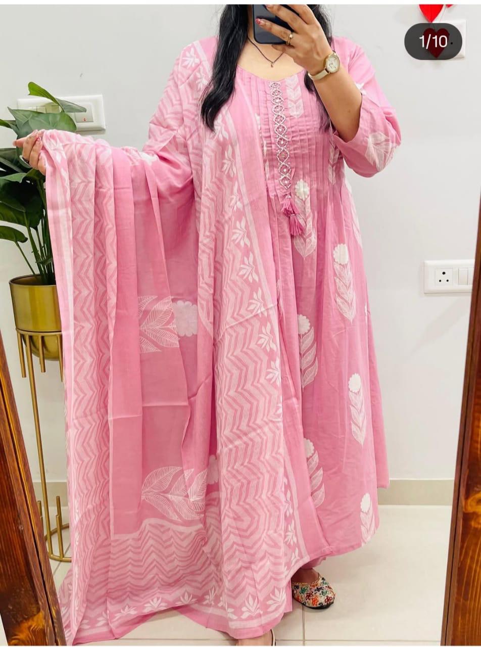 Trendy Cotton Printed Women Kurta with Pant and Dupatta