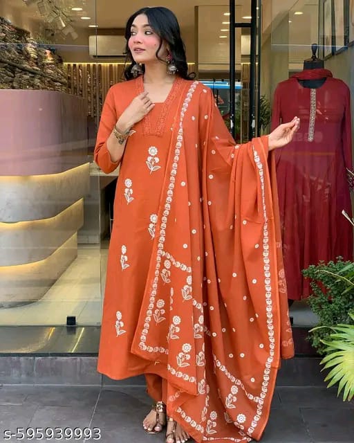 Trendy Cotton Printed Women Kurta with Pant and Dupatta