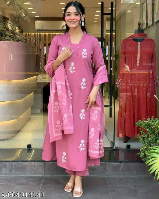 Trendy Cotton Printed Women Kurta with Pant and Dupatta