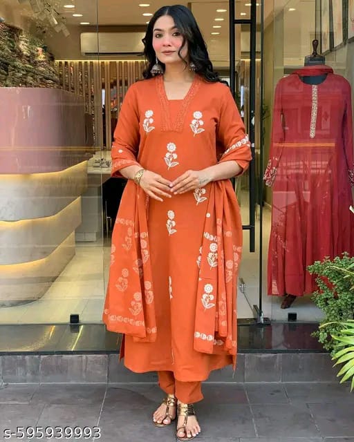 Trendy Cotton Printed Women Kurta with Pant and Dupatta