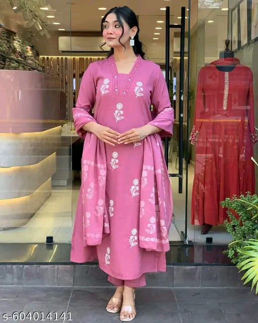 Trendy Cotton Printed Women Kurta with Pant and Dupatta