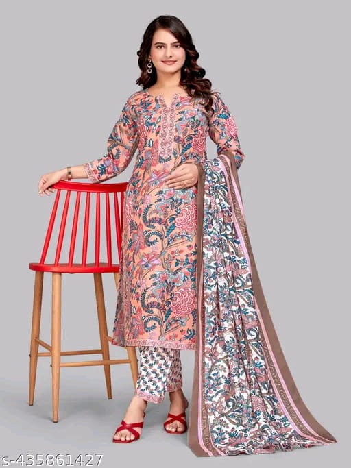 Cotton cambric Suit with Printed pant,Top & Dupatta for Women | 3-Piece Set for Women | Soft & Comfortable Fabric - Kurti, Pant, Dupatta