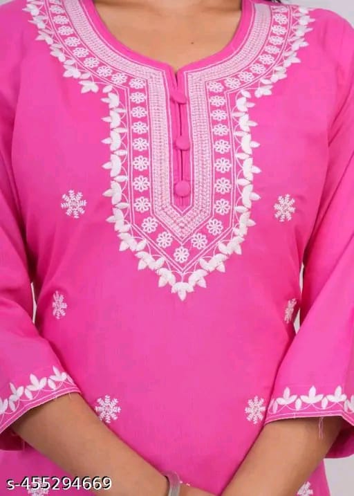 cotton Nayra Cut Kurta Pant with Dupatta Set for Women and Girls Shorts Sleeve Round Neck Printed Straight Kurti.