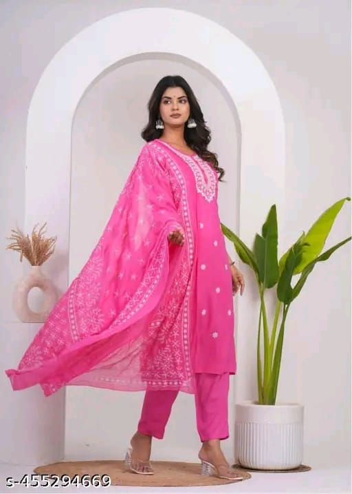 cotton Nayra Cut Kurta Pant with Dupatta Set for Women and Girls Shorts Sleeve Round Neck Printed Straight Kurti.