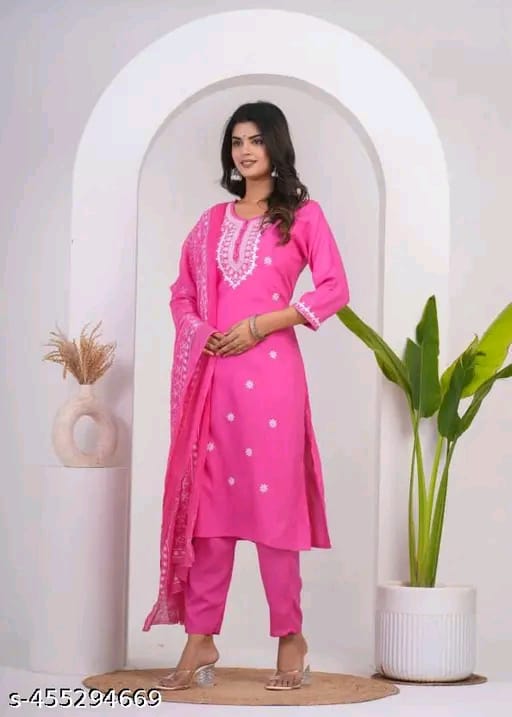 cotton Nayra Cut Kurta Pant with Dupatta Set for Women and Girls Shorts Sleeve Round Neck Printed Straight Kurti.