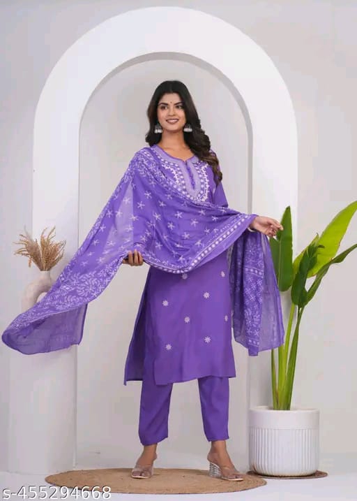 cotton Nayra Cut Kurta Pant with Dupatta Set for Women and Girls Shorts Sleeve Round Neck Printed Straight Kurti.