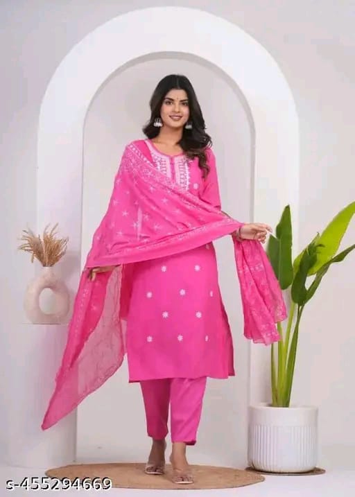 cotton Nayra Cut Kurta Pant with Dupatta Set for Women and Girls Shorts Sleeve Round Neck Printed Straight Kurti.