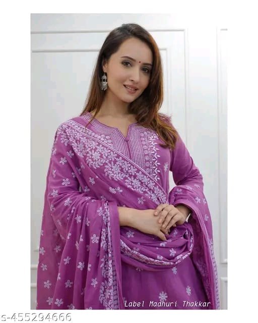 cotton Nayra Cut Kurta Pant with Dupatta Set for Women and Girls Shorts Sleeve Round Neck Printed Straight Kurti.