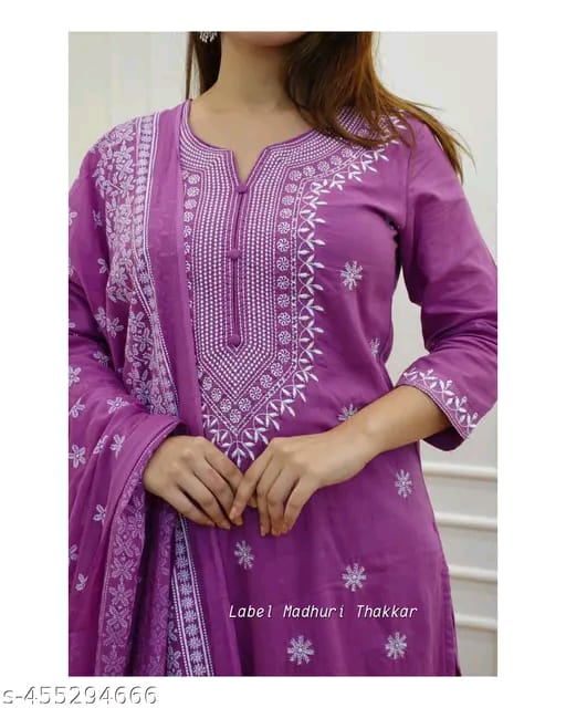 cotton Nayra Cut Kurta Pant with Dupatta Set for Women and Girls Shorts Sleeve Round Neck Printed Straight Kurti.