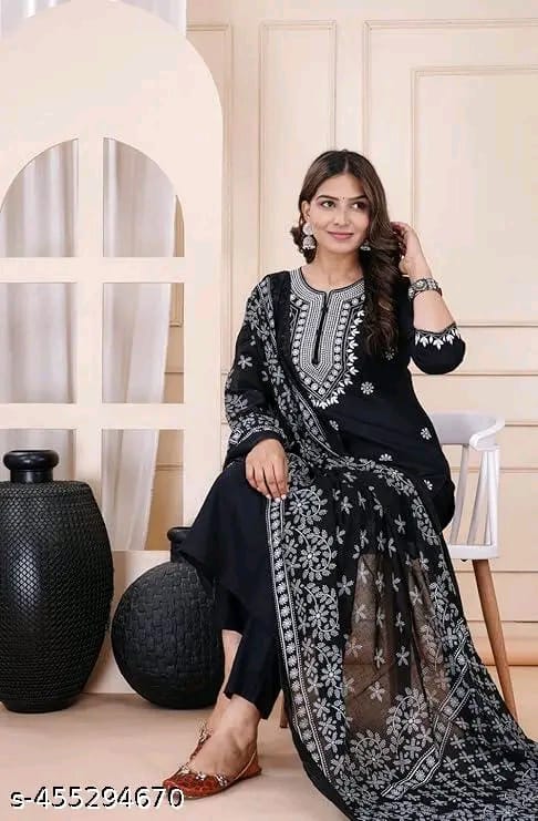 cotton Nayra Cut Kurta Pant with Dupatta Set for Women and Girls Shorts Sleeve Round Neck Printed Straight Kurti.