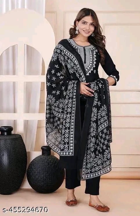cotton Nayra Cut Kurta Pant with Dupatta Set for Women and Girls Shorts Sleeve Round Neck Printed Straight Kurti.