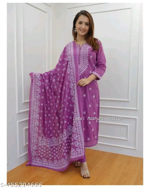 cotton Nayra Cut Kurta Pant with Dupatta Set for Women and Girls Shorts Sleeve Round Neck Printed Straight Kurti.