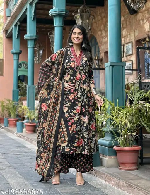 Floral Print Cotton Anarkali Suit Set with Pant