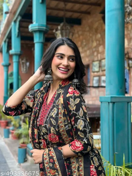 Floral Print Cotton Anarkali Suit Set with Pant