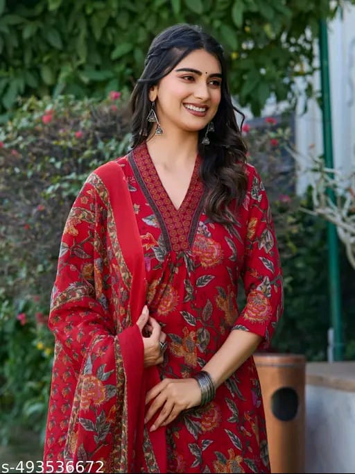 Floral Print Cotton Anarkali Suit Set with Pant