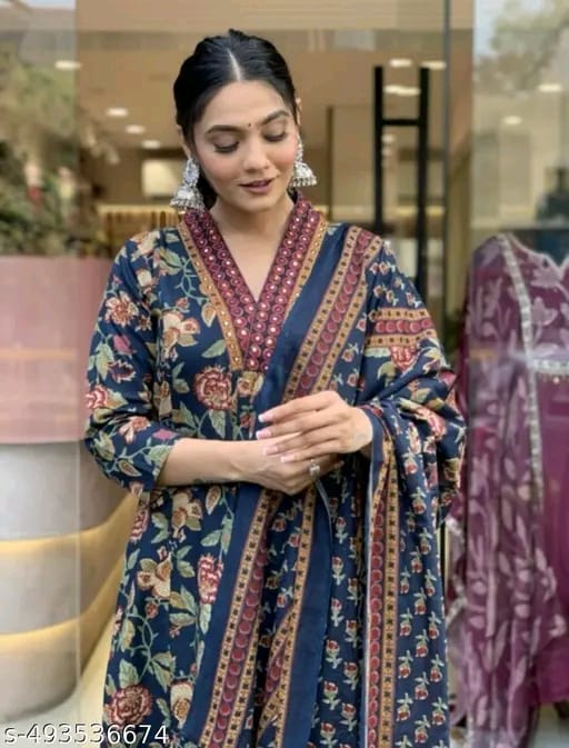 Floral Print Cotton Anarkali Suit Set with Pant