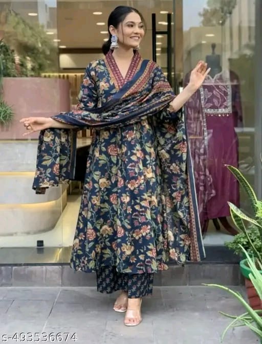 Floral Print Cotton Anarkali Suit Set with Pant