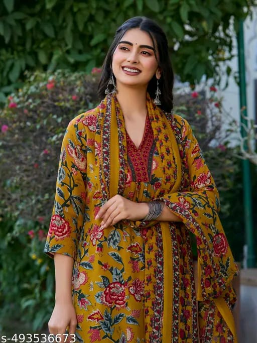 Floral Print Cotton Anarkali Suit Set with Pant