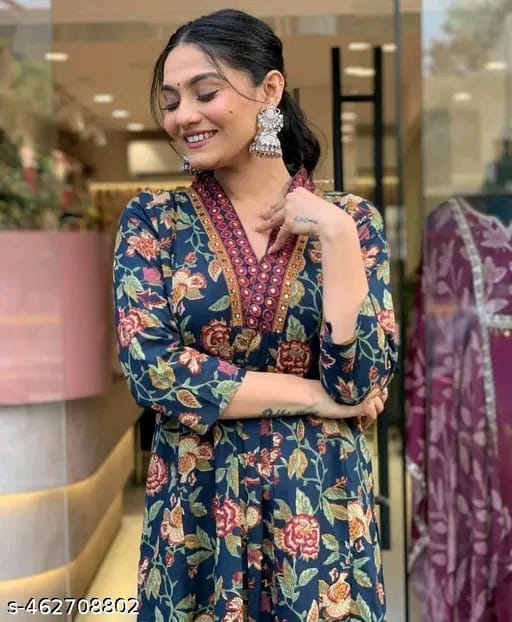 Floral Print Cotton Anarkali Suit Set with Pant