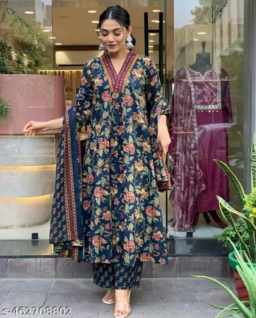 Floral Print Cotton Anarkali Suit Set with Pant