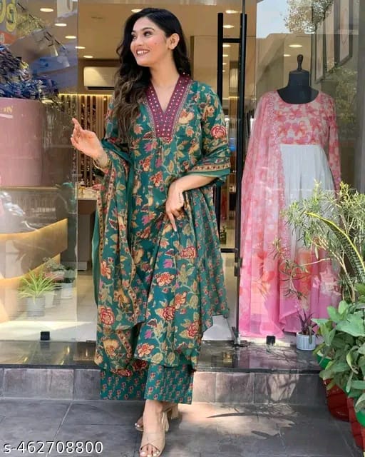 Floral Print Cotton Anarkali Suit Set with Pant