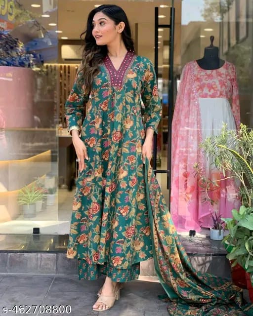 Floral Print Cotton Anarkali Suit Set with Pant