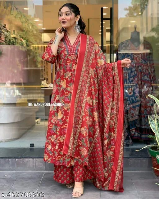 Floral Print Cotton Anarkali Suit Set with Pant